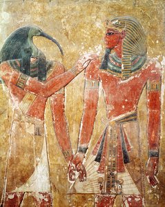 O deus Thoth com Seti I (1394-1279 aC) no túmulo de Seti I, Novo Reino (pedra pintada)